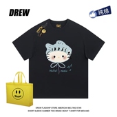 drew卡通可爱鱼头Kitty猫百搭印花休闲趣味短袖 T恤男女街头上衣