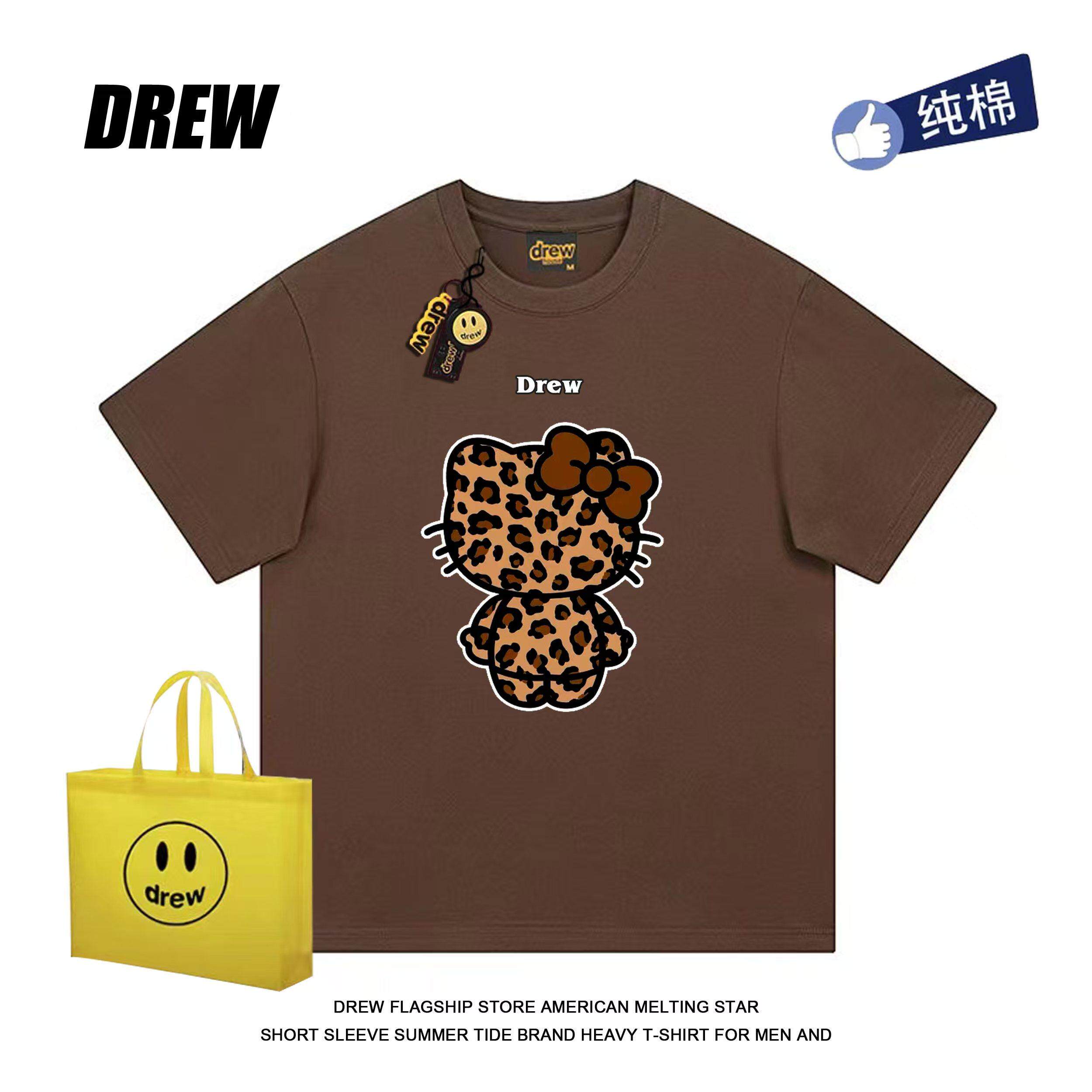 drew美式复古卡通豹纹Kitty猫新款短袖T恤男女款宽松纯棉休闲上衣 - 实物图