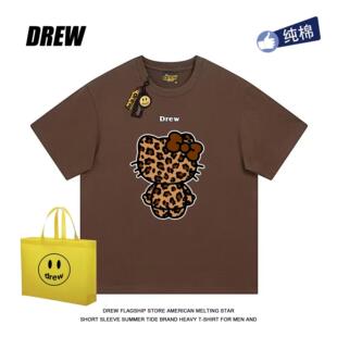 drew美式复古卡通豹纹Kitty猫新款短袖T恤男女款宽松纯棉休闲上衣