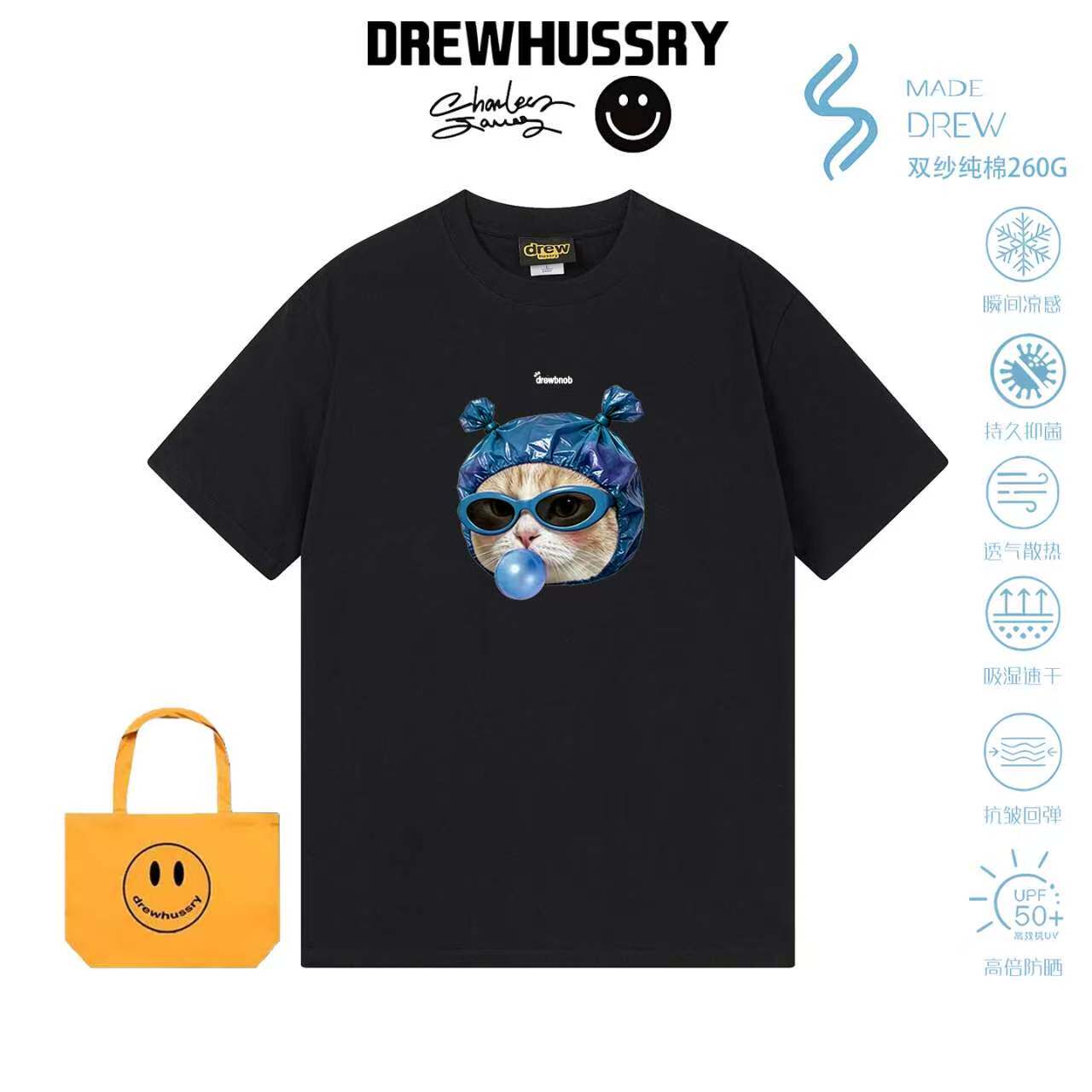DREW卡通趣味蓝袋子小猫重磅纯棉短袖T恤男女潮牌印花圆领上衣