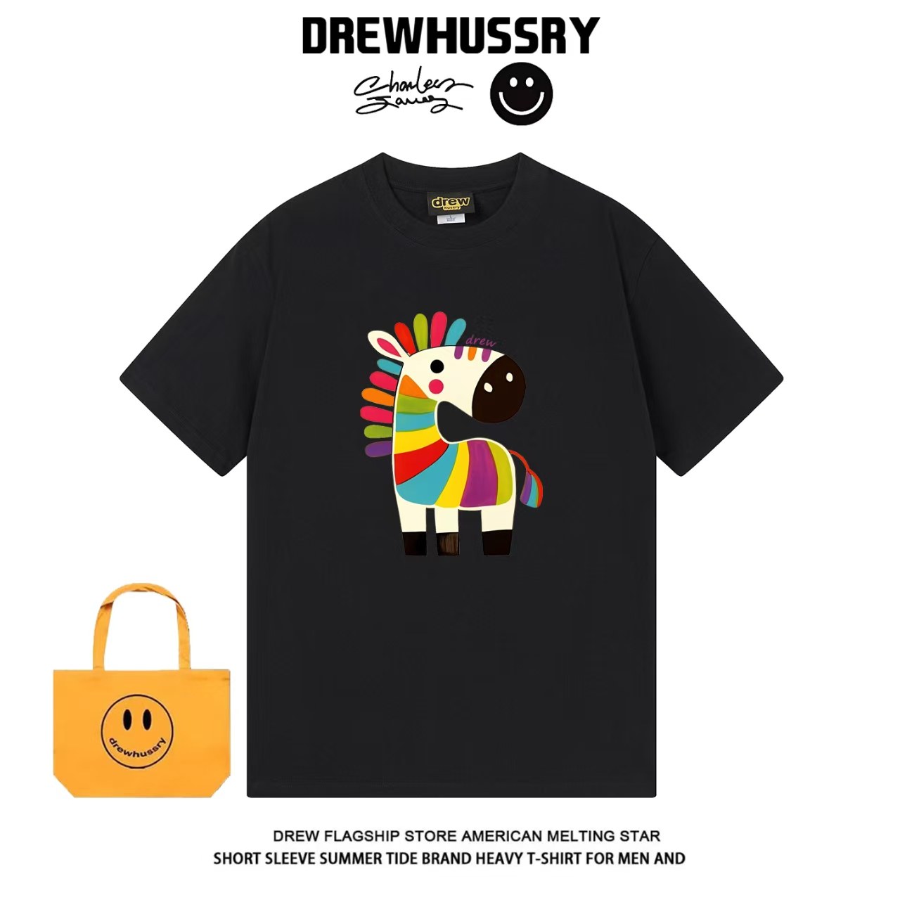 drew2026新款彩色小马趣味印花短袖T恤男女百搭宽松街头小众上衣