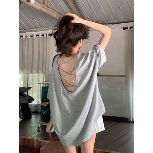 松弛感中长款露背短袖宽松T恤小衫韩版圆领慵懒风纯色女外搭上衣