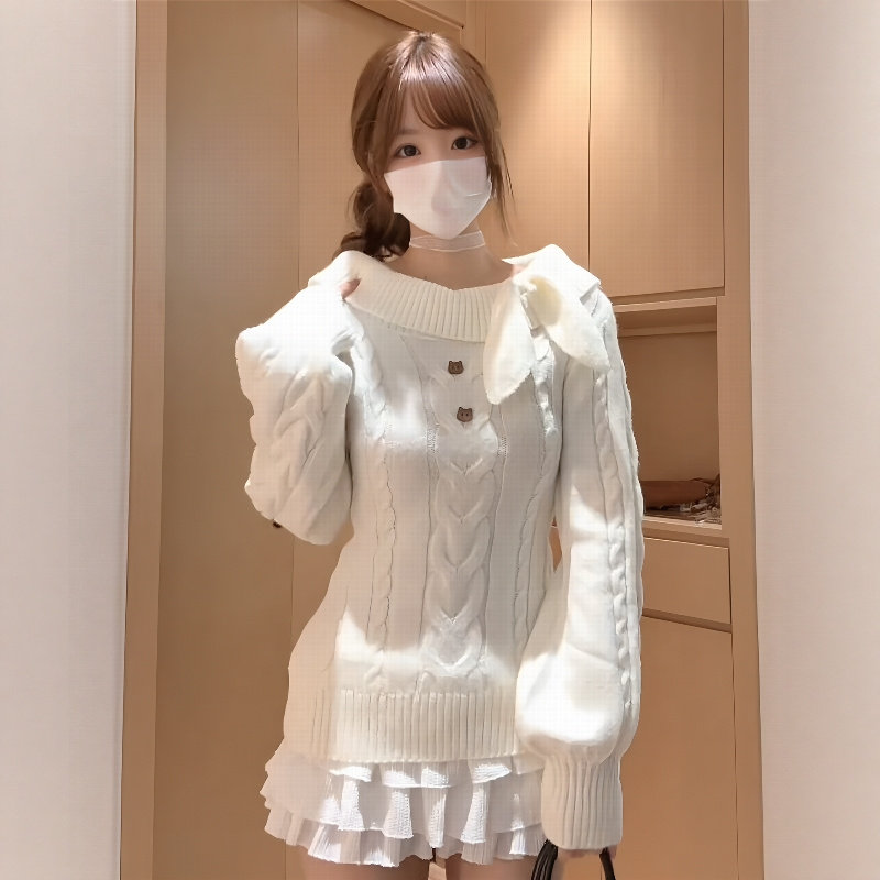 软糯一字肩修身小蝴蝶结女针织衫上衣韩版甜美麻花减龄打底衫毛衣