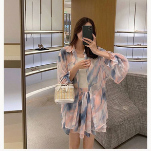 显瘦半身短裙两件套装 百搭扎染荷叶袖 气质新款 女2023春季 防晒衬衫