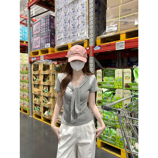 2026夏季新款设计打底衫上衣韩版辣妹风蕾丝拼接条纹女款T恤小衫