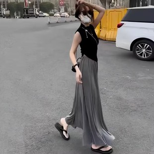 黑色显瘦T恤高腰长款 时尚 无袖 裙女2024夏季 半身裙两件套 简约套装