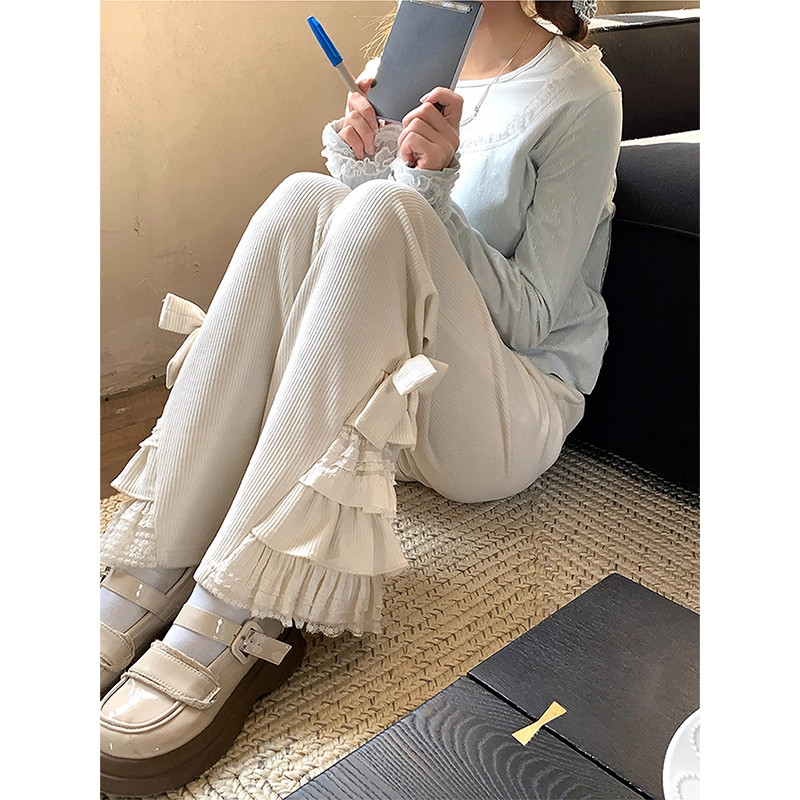 高端别致蕾丝拼接宽松阔腿长裤女松弛感蝴蝶结设计洋气微喇休闲裤