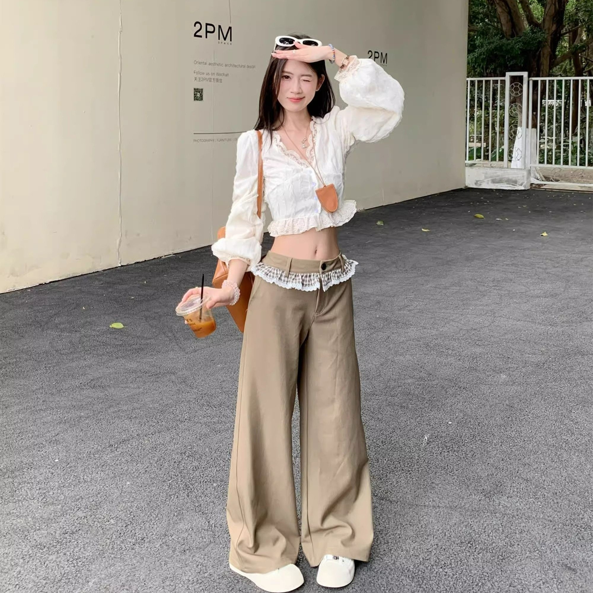 美式别致减龄垂感百搭阔腿西装裤高级感蕾丝拼接高腰休闲长裤子潮