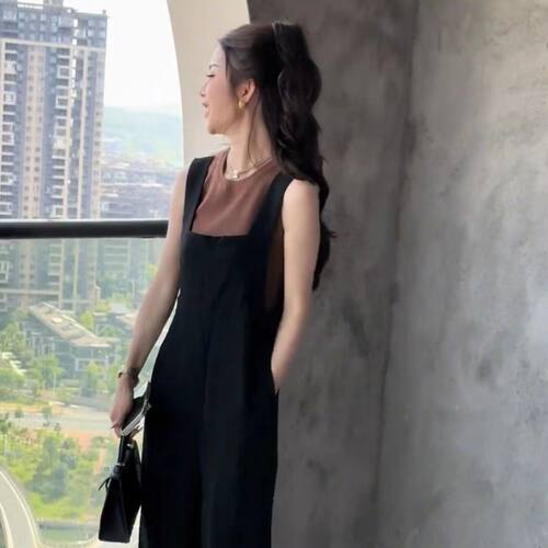 韩版高腰垂感阔腿裤系扣连体裤女