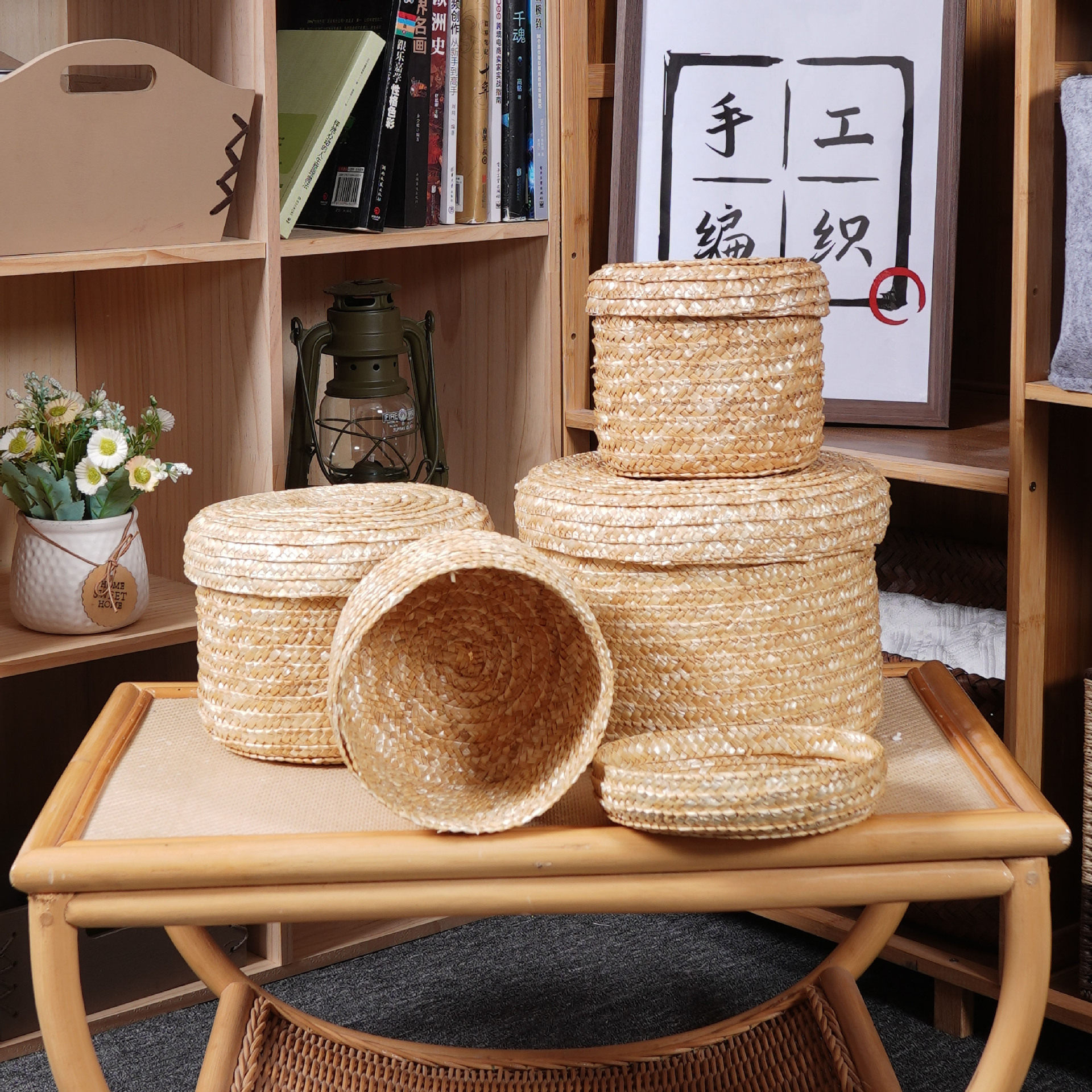 带盖麦秸草编织收纳盒筐伴手礼杂物零食婚礼包装盒喜糖袋储物家居