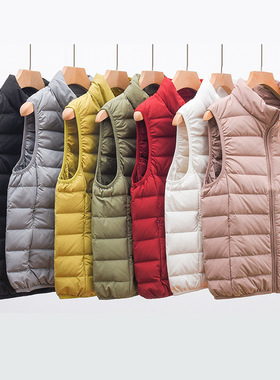 优品无缝轻薄羽绒背心女马甲坎肩短款加大码妈妈立领薄款90白鸭绒