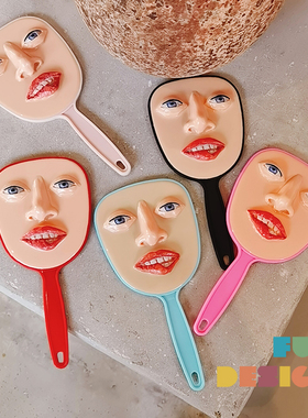 泰国设计师代购 风趣立体人脸表情 恶搞手持化妆镜 手柄镜子 礼品