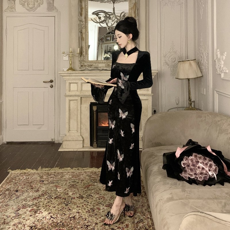 实拍  温柔显瘦高级感丝绒重工蝴蝶刺绣拼接鱼尾连衣裙  情丝蝶,女装/女士精品,连衣裙,淘宝优惠券,粉丝福利购,淘宝优惠卷