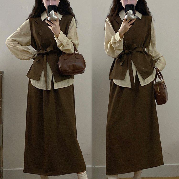 实拍大码女装秋季高级感穿搭显瘦抽绳收腰马甲衬衫半身裙三件套,女装/女士精品,大码套装,淘宝优惠券,粉丝福利购,淘宝优惠卷