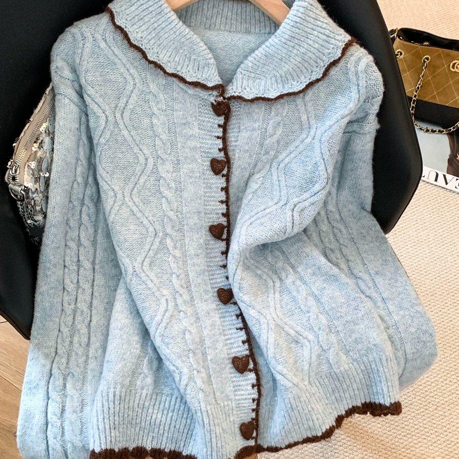实拍法式甜美风娃娃领麻花纹针织开衫女设计感2026毛衣外套百搭,女装/女士精品,毛针织衫,淘宝优惠券,粉丝福利购,淘宝优惠卷