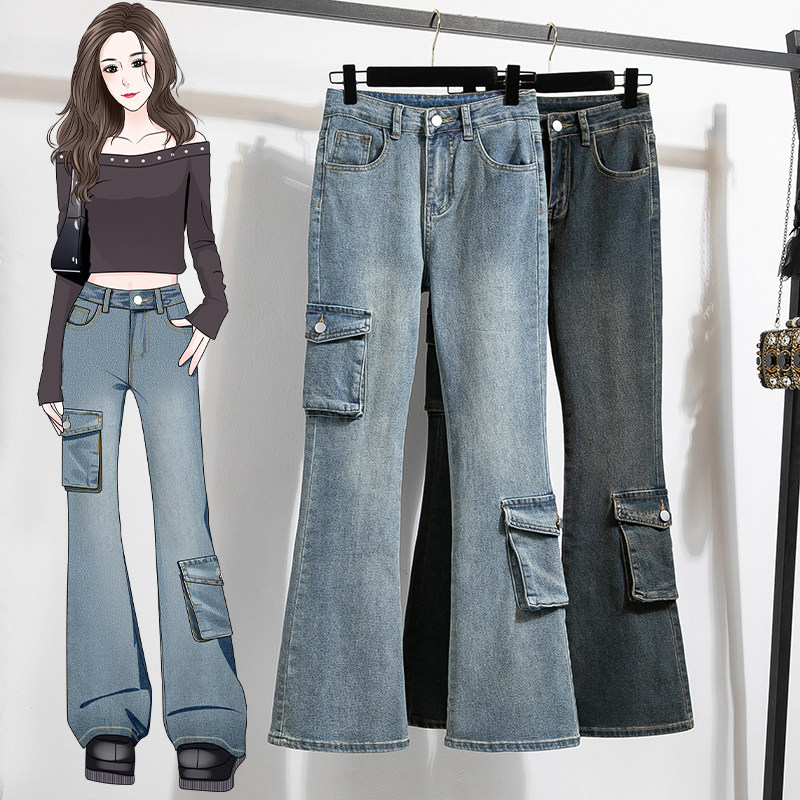 实拍大码弹力牛仔工装喇叭裤好质量大喇叭型牛仔裤百搭休闲中性,女装/女士精品,大码裤装,淘宝优惠券,粉丝福利购,淘宝优惠卷