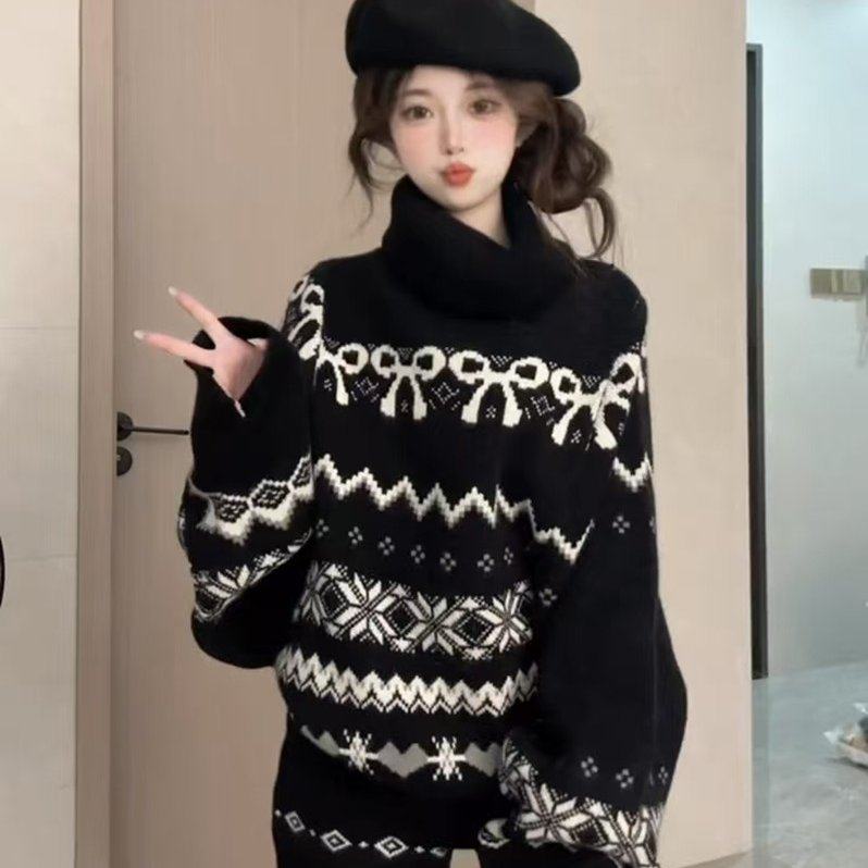 休闲套装女秋冬费尔岛高领针织衫毛衣外套显瘦韩系短裤子两件套