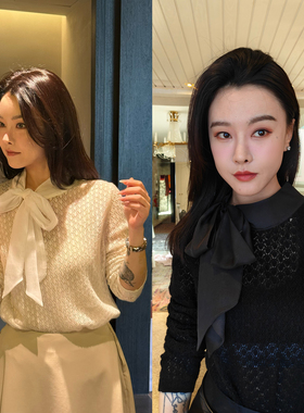 DUO智仙黑标顶jian淑女柔性通勤黑白羊毛花纹毛衣拼接欧根纱织带