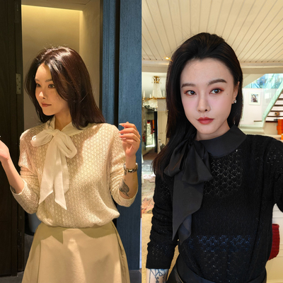 DUO智仙黑标顶jian淑女柔性通勤黑白羊毛花纹毛衣拼接欧根纱织带