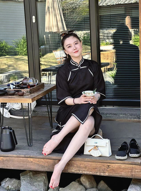 DUO黑标月流辉古法旗袍传统工艺中式老钱双琨边大袖醋酸少女旗袍