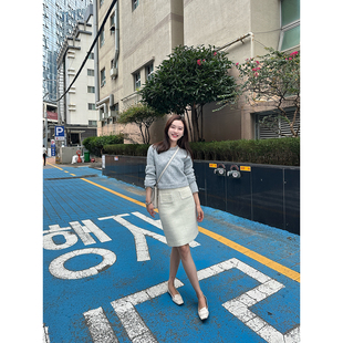 DUO智仙生 煎盐叠雪进口粗花呢白色格纹优雅半身裙 黑标