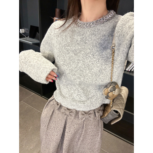 DUO智仙生 精致金属领饰灰白羊毛套头针织毛衣 黑标