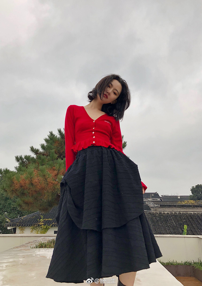 DUO智仙生 甜美少女暗黑风褶皱立体剪裁长裙