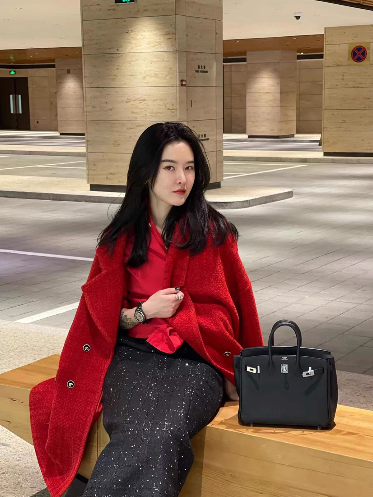 DUO智仙生 黑标肤白貌美红色小香风混纺编织睡袍大衣