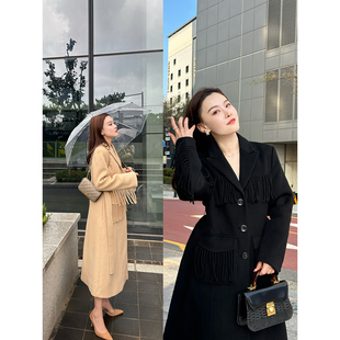 大衣黑色和浅驼 时髦进口澳毛流苏长款 DUO智仙生 黑标