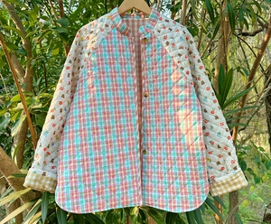 手作棉服 绗缝格纹 小熊花花 拼接 ins风外套棉衣-