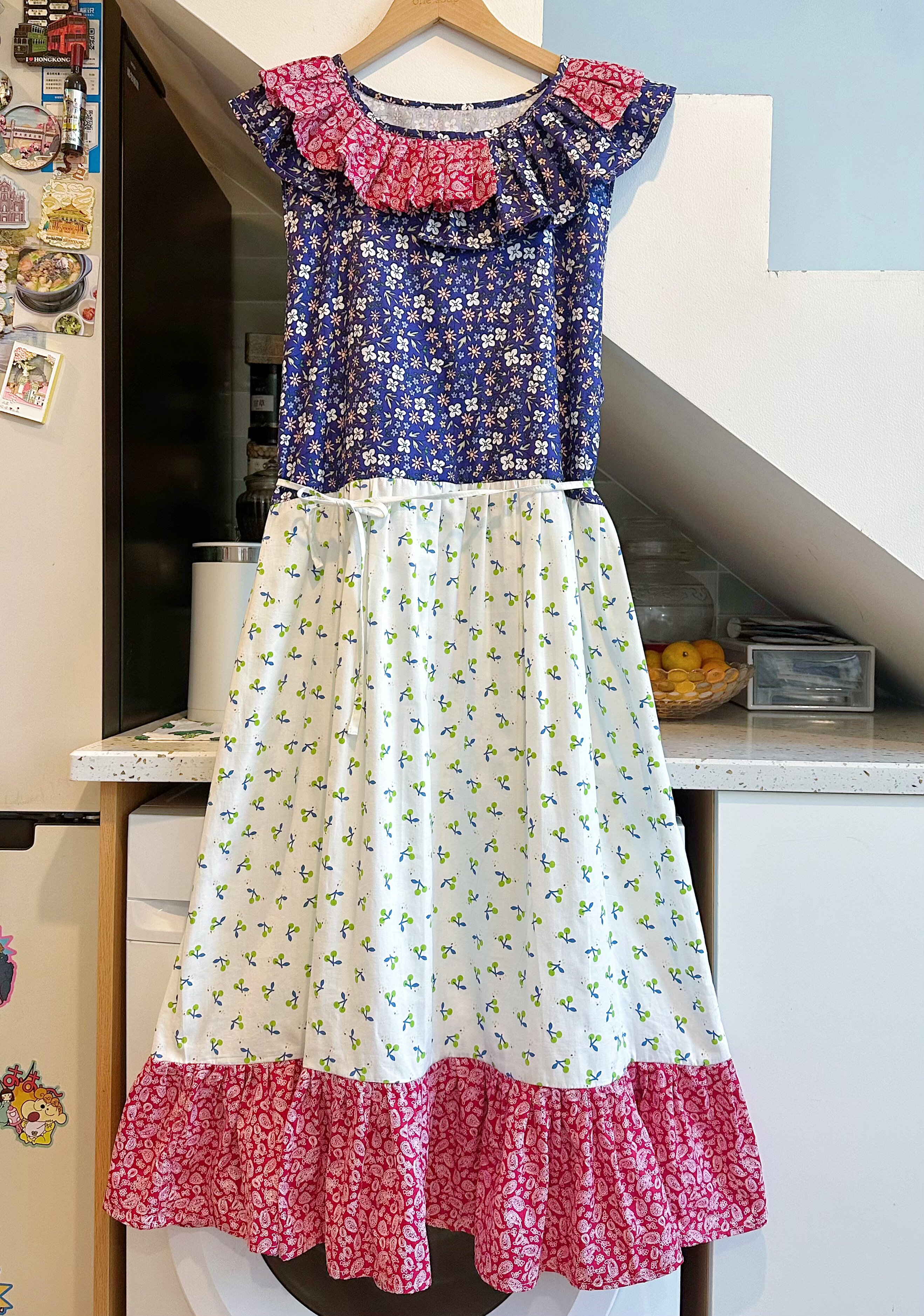 手作 花边领 拼接 蓝红经典配色 苍井优森系 碎花樱桃连衣裙-