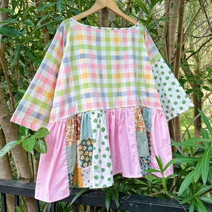 手作 拼接 彩虹格浪漫粉色氛围棉质自然娃娃衫上衣衬衫-
