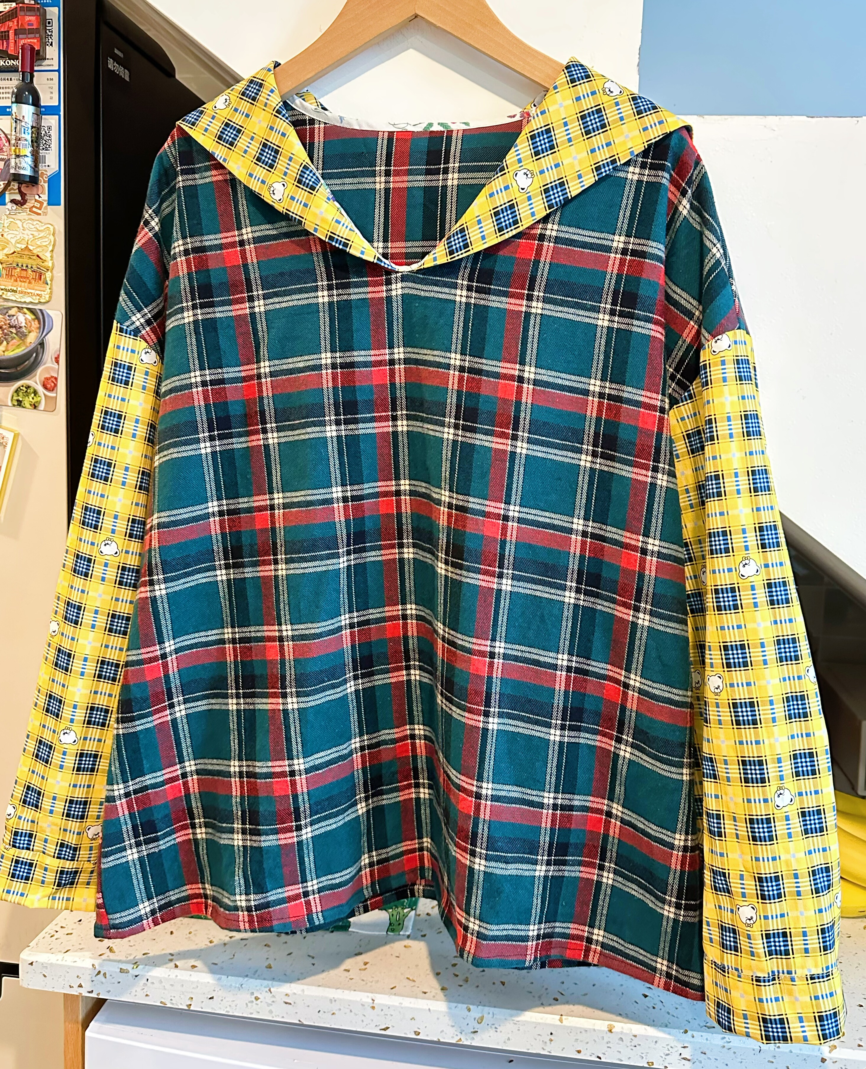 眨眼的小熊 海军领格纹复古vintage风格 磨毛绿格 衬衫上衣-