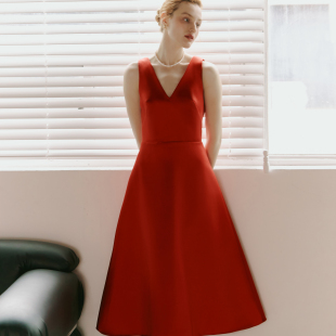 新款 SHOOYA原创高级缎面简约年会轻礼服显瘦红色连衣裙新娘敬酒服