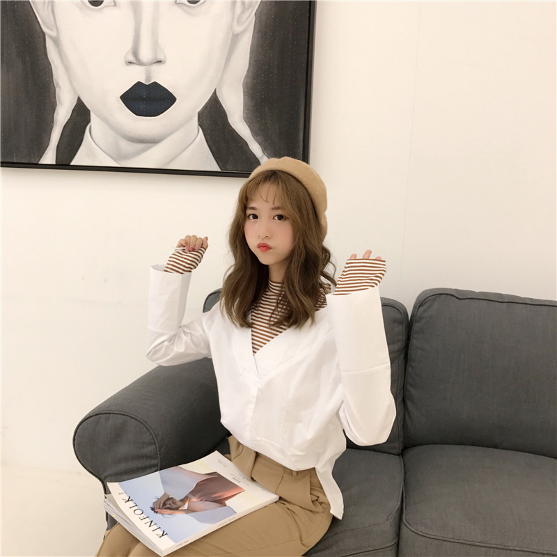拼多多娃娃家潮流女装店铺宽松条纹假两件衬衫长袖衬衣学生上衣bf
