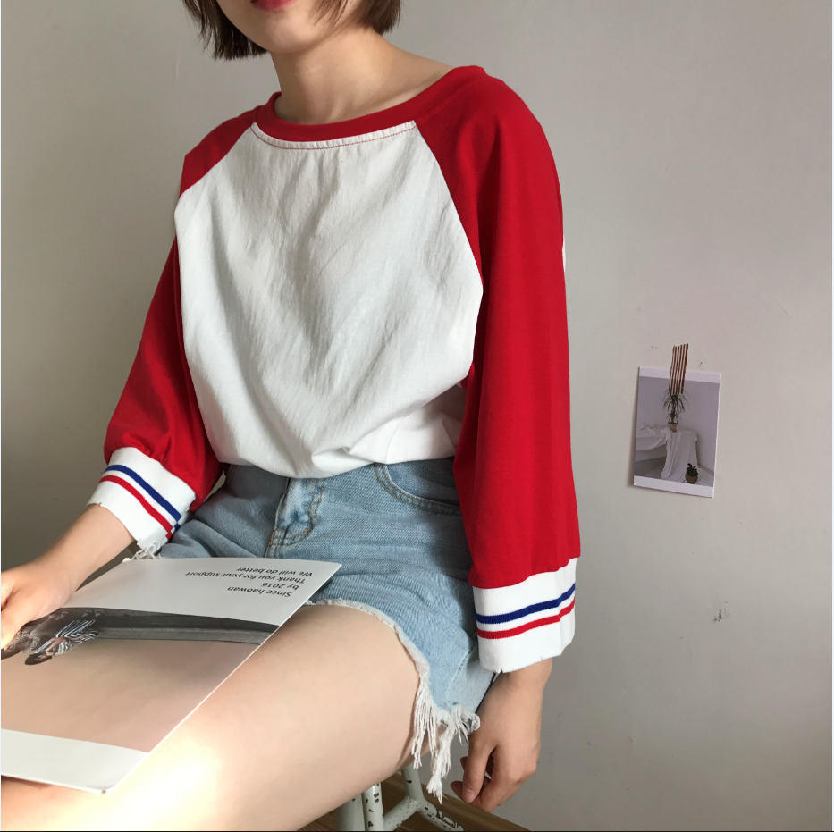 拼多多娃娃家潮流女装店铺拼接七分袖宽松显瘦学生上衣试衣间syj