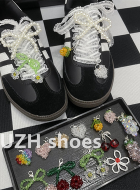 韩系ins芭蕾风蝴蝶结樱桃串珠水晶鞋扣装饰扣德训鞋运动鞋diy鞋花