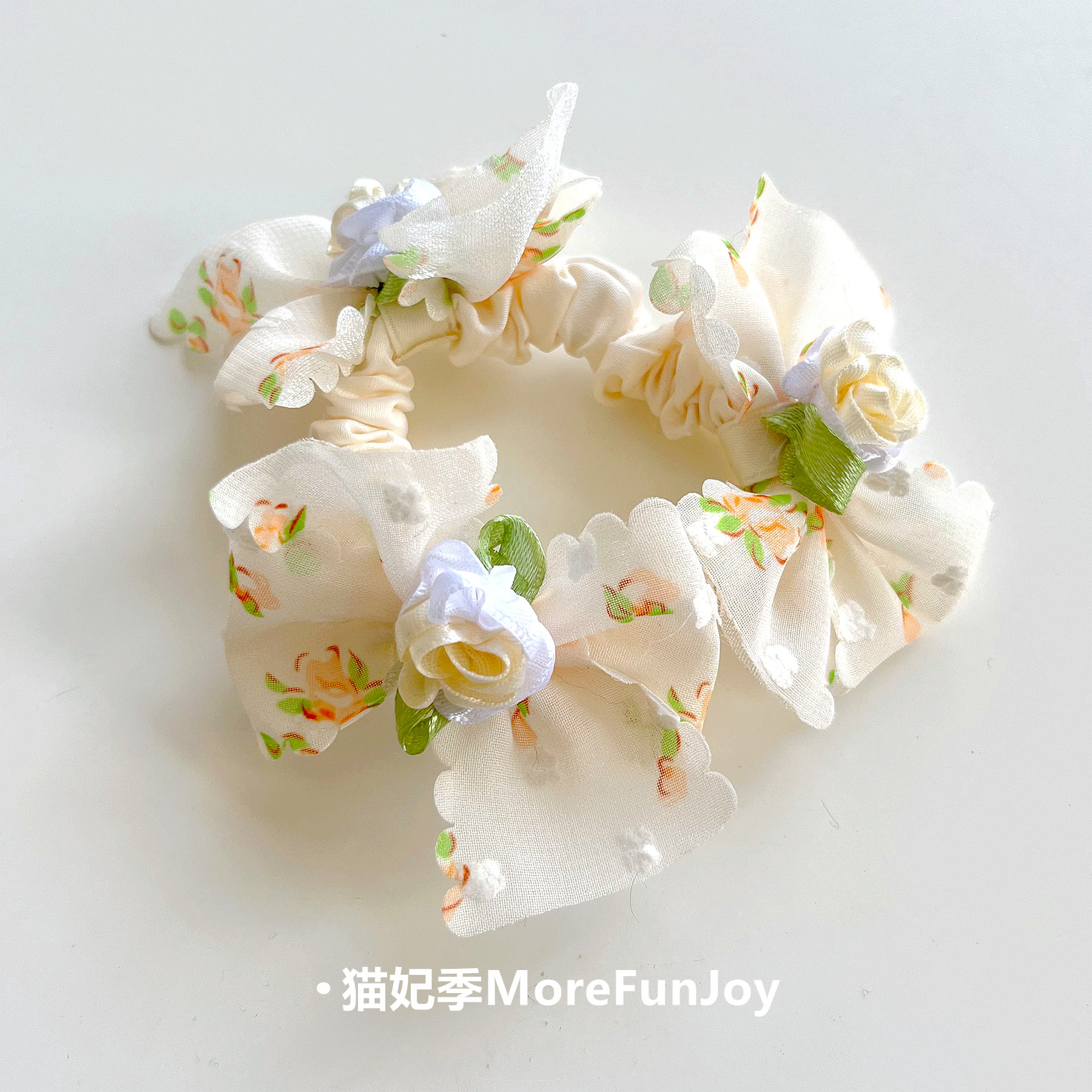 茉莉茶花~猫妃季原创自制奶白碎花蝴蝶结头绳马尾发圈皮筋仙气夏