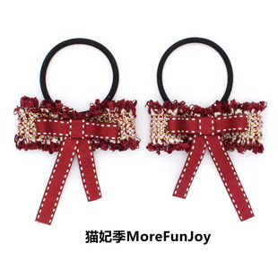 原创酒红蝴蝶结发绳双马尾发夹侧边少女新年头饰安克拉红皮筋秋冬