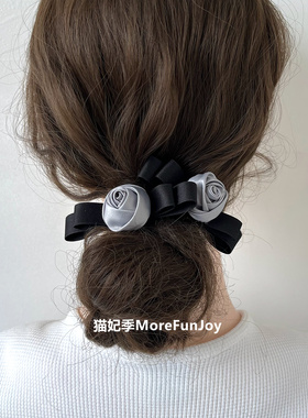 Grey~格雷系原创灰花朵黑色蝴蝶结发绳后脑勺碎发一字发夹高级感
