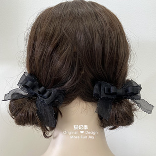 猫妃季简约黑色纱小蝴蝶结发夹刘海边夹双马尾发饰ins侧边夹夏新