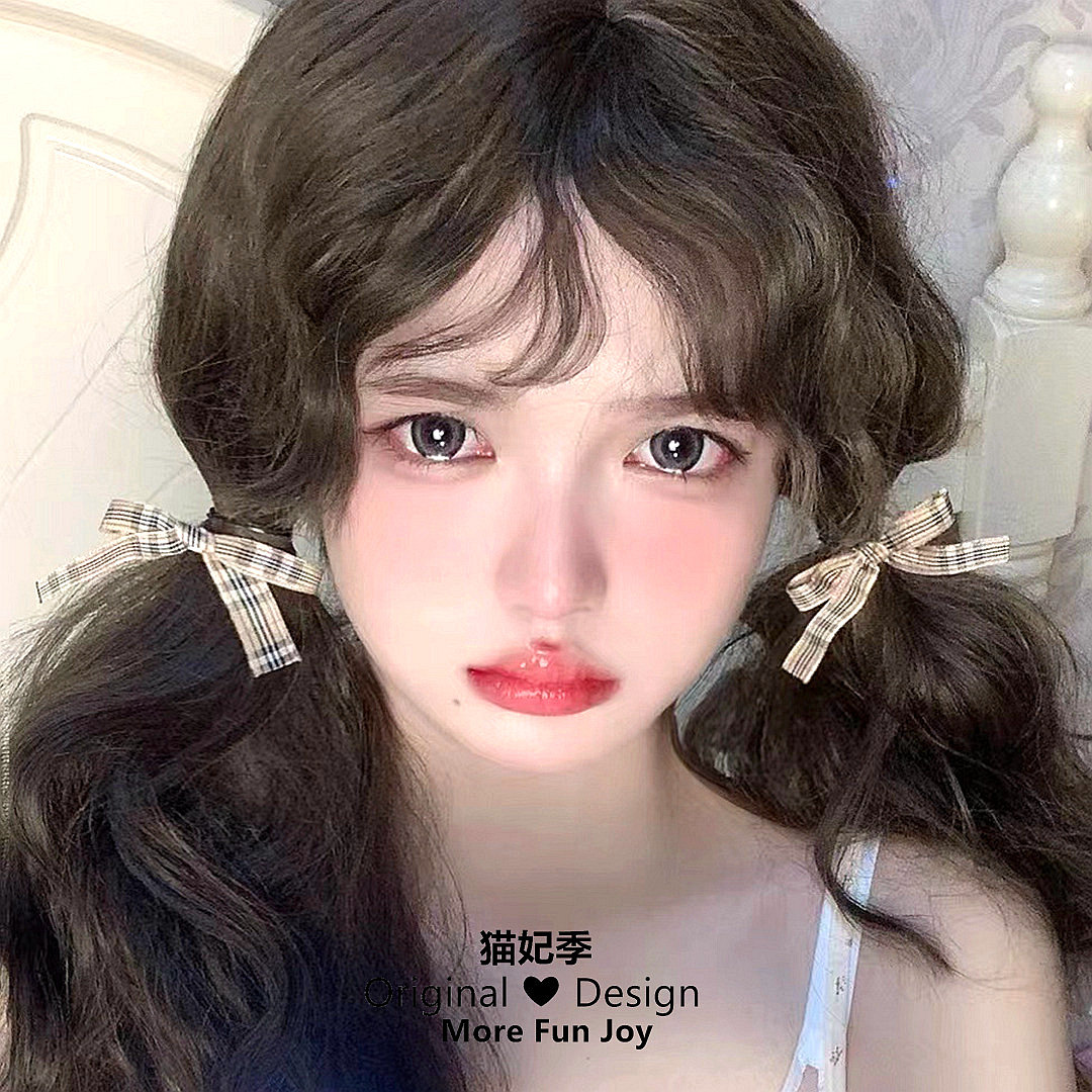 一对小边夹~少女卡其格纹蝴蝶结发夹双马尾发饰网红甜美学生发绳图片