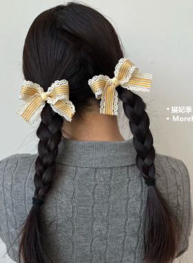 猫妃季姜黄色条纹蕾丝蝴蝶结发夹甜美少女心头饰边夹双马尾芭蕾风