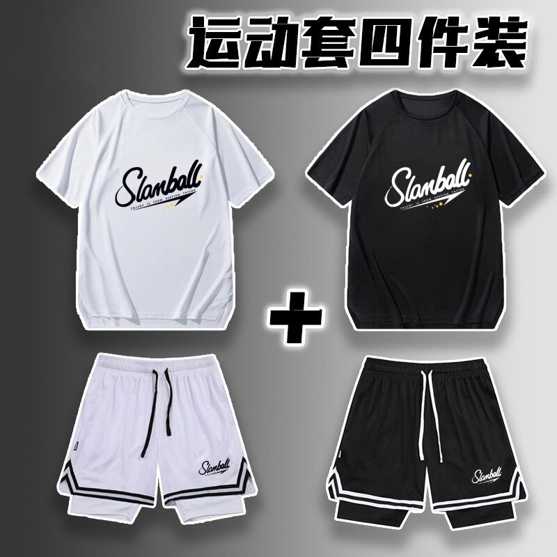 美式投篮服短袖篮球假两件短裤套装速干t恤短裤体育生运动训练服