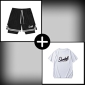 跑步训练健身套装 篮球投篮服短袖 双层运动裤 美式 男 速干假两件短裤