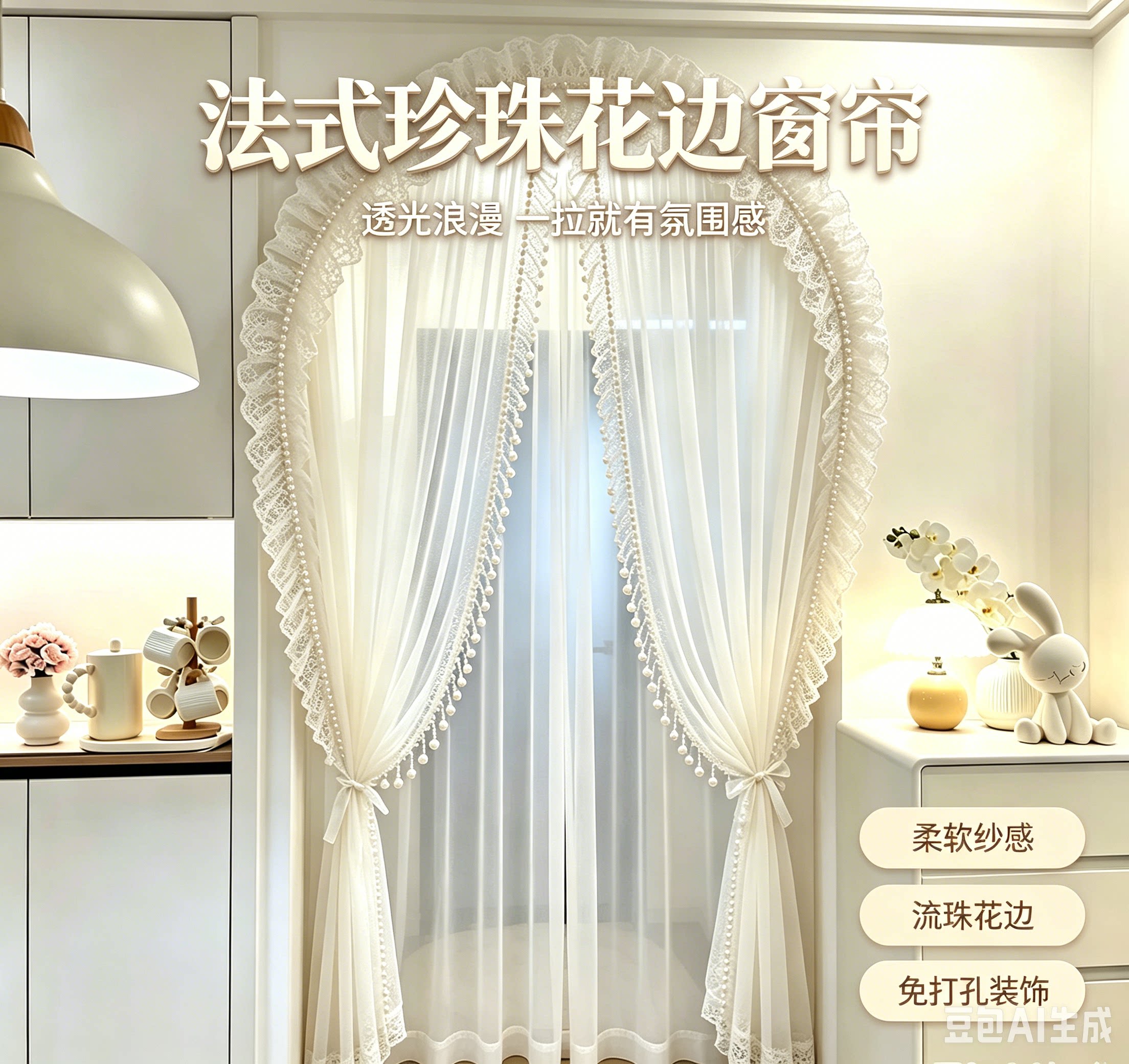 高档法式珍珠门帘流光唯美纱帘免打孔氛围装饰帘卫生间过道隔断帘图片