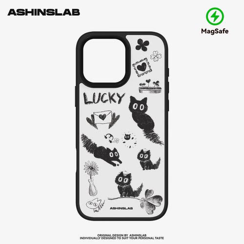 原创Lucky涂鸦猫适用iPhone17ProMax手机壳MagSafe磁吸苹果16Pro大孔黑边磨砂15p软边小众新款13趣味14高级感