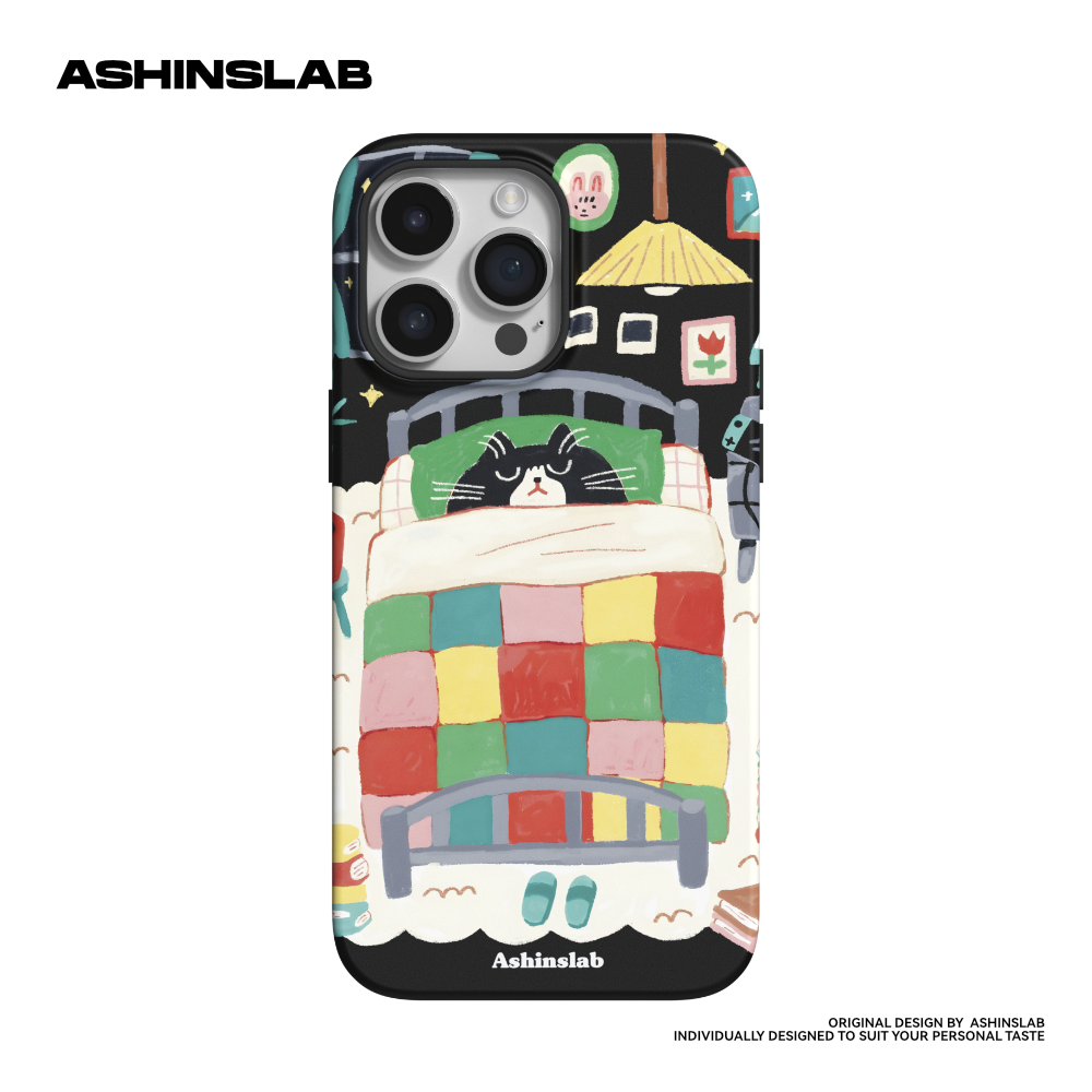 ASHINSLAB 可爱失眠猫咪iPhone15ProMax适用12苹果13大孔韩国二合一涂层菲林壳加厚防摔14新款趣味小众