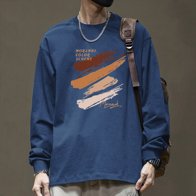 美式复古长袖T恤男生春秋季上衣外穿宽松内搭打底衫圆领潮牌