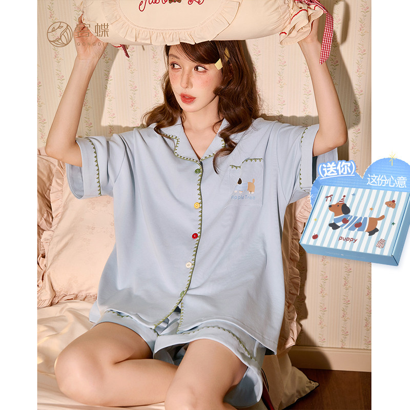 宫蝶【凉感型】腊肠狗纯棉抗菌睡衣女卡通休闲短袖开衫居家服夏季